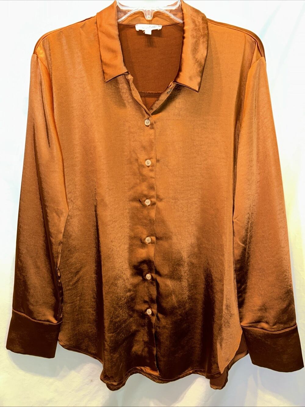Mystree Button Up Heavy Satin Shirt Womens Medium Copper Metallic Relaxed Fit